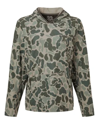 HUK H6130037 Women's Coldfront+ KC Print Hooded Sweatshirt in Volcanic Ash — blank hooded sweatshirt, front view