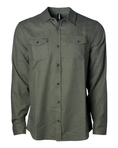 Independent Trading Co. EXP50F Unisex Flannel Shirt in Army Heather — blank garment, front view