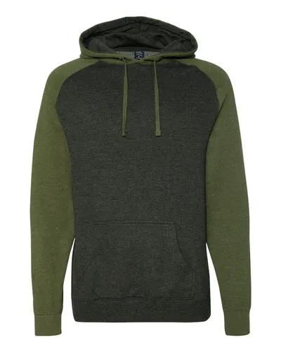 Independent Trading Co. IND40RP Unisex Raglan Hooded Sweatshirt in Charcoal Heather/ Army Heather — blank hooded sweatshirt, front view