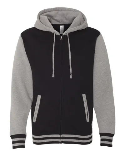 Independent Trading Co. IND45UVZ Unisex Heavyweight Varsity Full-Zip Hooded Sweatshirt in Black/ Gunmetal Heather — blank hooded sweatshirt, front view