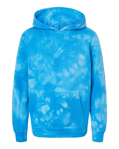 Independent Trading Co. PRM1500TD Youth Midweight Tie-Dyed Hooded Sweatshirt in Tie Dye Aqua Blue — blank hooded sweatshirt, front view