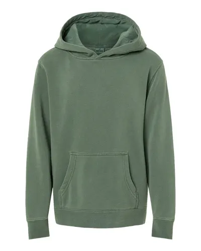 Independent Trading Co. PRM1500Y Youth Midweight Pigment-Dyed Hooded Sweatshirt in Pigment Alpine Green — blank hooded sweatshirt, front view
