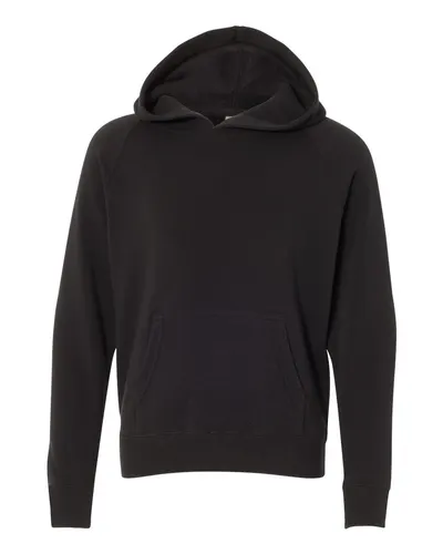 Independent Trading Co. PRM15YSB Youth Lightweight Special Blend Raglan Hooded Sweatshirt in Black — blank hooded sweatshirt, front view