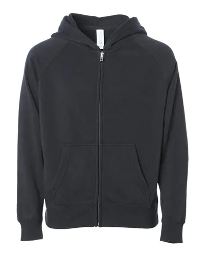 Independent Trading Co. PRM15YSBZ Youth Lightweight Special Blend Raglan Zip Hood in Black — blank garment, front view