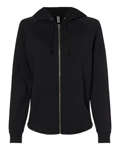 Independent Trading Co. PRM2500Z Women's California Wave Wash Full-Zip Hooded Sweatshirt in Black — blank hooded sweatshirt, front view