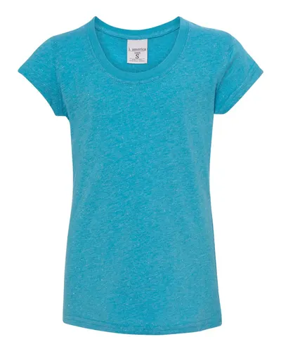 J. America 8129 Youth Glitter T-Shirt in Maui Blue/ Silver — blank t-shirt, front view