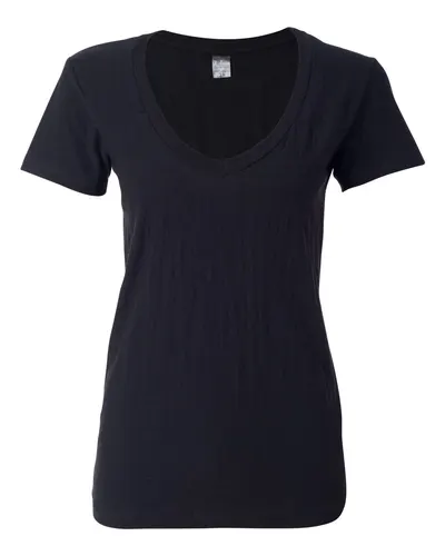 J. America 8169 Women's V-Neck Slub T-Shirt in Black — blank t-shirt, front view