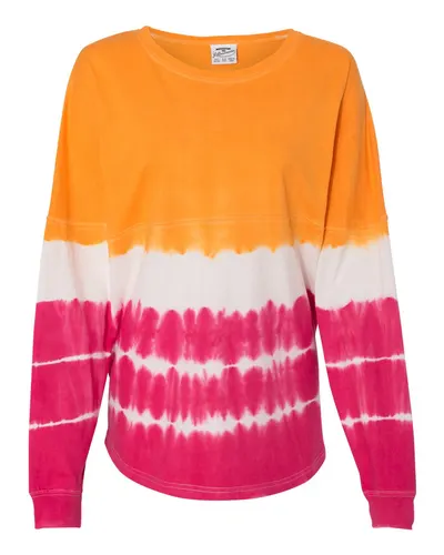 J. America 8229 Unisex Game Day Jersey Long Sleeve T-Shirt in Atomic Orange/ Cosmic Pink Tie-Dye — blank long sleeve tee, front view