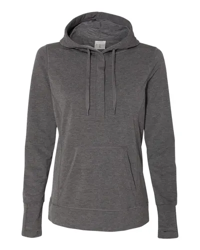 J. America 8431 Women’s Omega Stretch Snap-Placket Hooded Sweatshirt in Charcoal Triblend — blank hooded sweatshirt, front view