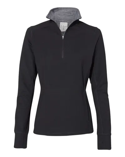 J. America 8433 Women’s Omega Stretch Quarter-Zip Pullover in Black Triblend — blank garment, front view