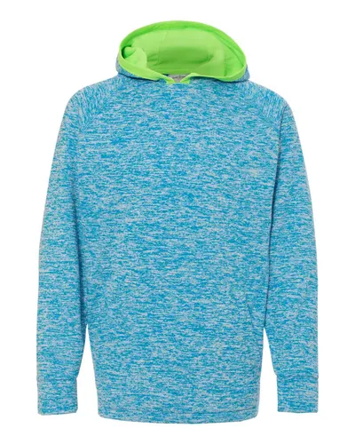 J. America 8610 Youth Cosmic Fleece Hooded Sweatshirt in Electric Blue/ Neon Green — blank hooded sweatshirt, front view