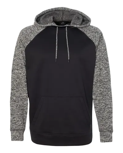 J. America 8612 Men's Colorblocked Cosmic Fleece Hooded Sweatshirt in Black/ Charcoal Fleck — blank hooded sweatshirt, front view