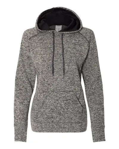J. America 8616 Women’s Cosmic Fleece Hooded Sweatshirt in Charcoal Fleck/ Black — blank hooded sweatshirt, front view