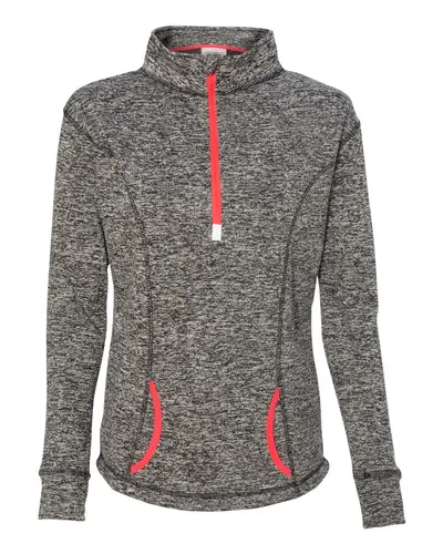 J. America 8617 Women's Cosmic Fleece Quarter-Zip Pullover in Charcoal Fleck/ Fire Coral — blank fleece pullover, front view