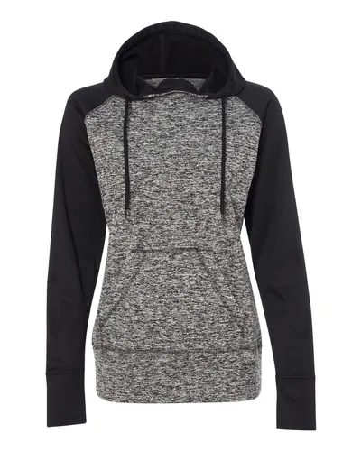 J. America 8618 Women’s Colorblocked Cosmic Fleece Hooded Sweatshirt in Charcoal Fleck/ Black — blank hooded sweatshirt, front view