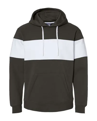 J. America 8644 Men's Varsity Fleece Colorblocked Hooded Sweatshirt in Black — blank hooded sweatshirt, front view