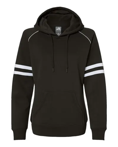 J. America 8645 Women's Varsity Fleece Piped Hooded Sweatshirt in Black — blank hooded sweatshirt, front view