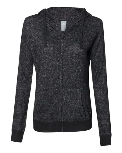 J. America 8656 Women’s Cozy Jersey Hooded Full-Zip in Black — blank hooded sweatshirt, front view