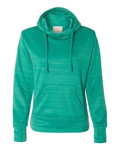 J. America 8662 Women's Odyssey Striped Performance Fleece Lapover Hooded Sweatshirt in Dynasty Green Stripe — blank hooded sweatshirt, front view