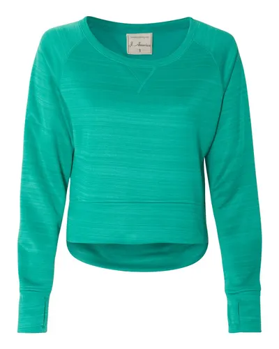 J. America 8663 Women's Odyssey Striped Performance Fleece Hi-Low Crewneck Sweatshirt in Dynasty Green Stripe — blank crewneck sweatshirt, front view