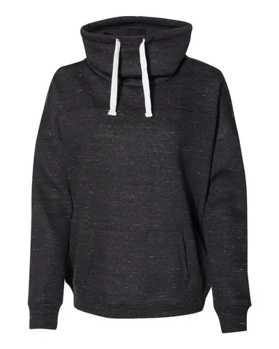 J. America 8673 Women’s Mélange Fleece Cowl Neck Sweatshirt in Black — blank crewneck sweatshirt, front view