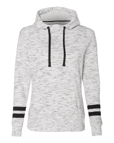 J. America 8674 Women’s Mélange Fleece Striped-Sleeve Hooded Sweatshirt in White/ Black — blank hooded sweatshirt, front view