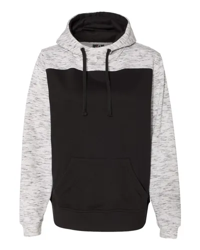 J. America 8676 Men's Mélange Fleece Colorblocked Hooded Sweatshirt in Black/ White — blank hooded sweatshirt, front view