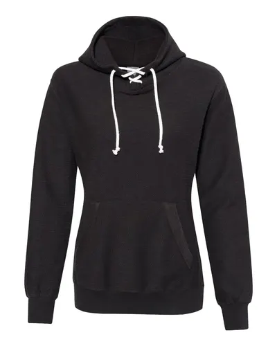 J. America 8694 Women’s French Terry Sport Lace Scuba Hooded Sweatshirt in Black — blank hooded sweatshirt, front view
