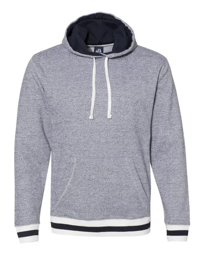 J. America 8701 Unisex Peppered Fleece Lapover Hooded Sweatshirt in Pepper/ Navy — blank hooded sweatshirt, front view