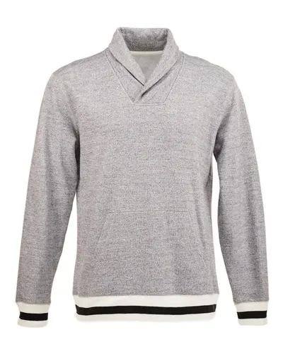 J. America 8704 Men's Peppered Fleece Shawl Collar Sweatshirt in Pepper/ Black — blank crewneck sweatshirt, front view