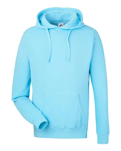 J. America 8730 Unisex Pigment-Dyed Fleece Hooded Sweatshirt in Capri — blank hooded sweatshirt, front view