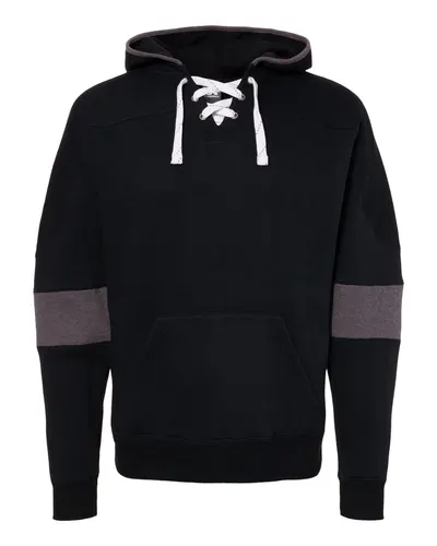 J. America 8832 Men's Sport Lace Colorblocked Fleece Hooded Sweatshirt in Black — blank hooded sweatshirt, front view
