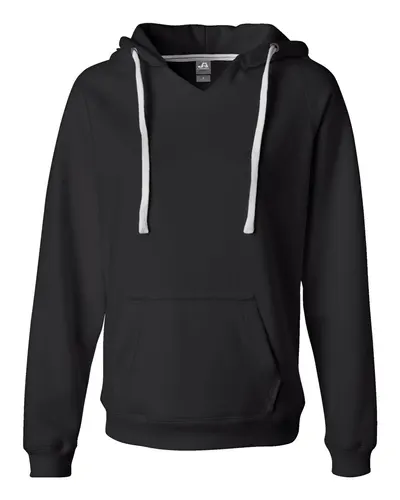J. America 8836 Women's Sueded V-Neck Hooded Sweatshirt in Black — blank hooded sweatshirt, front view