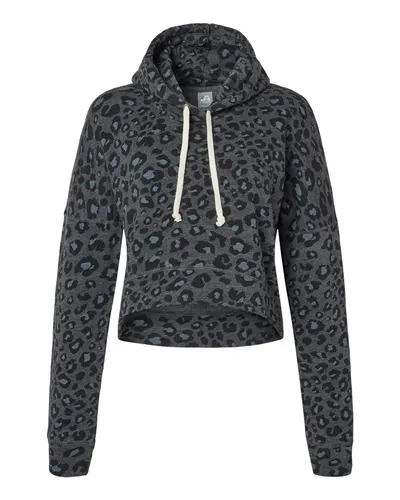 J. America 8853 Women's Crop Hooded Sweatshirt in Black Leopard Triblend — blank hooded sweatshirt, front view