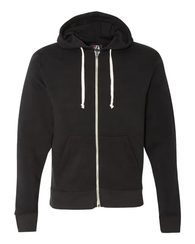 J. America 8872 Men's Triblend Full-Zip Hooded Sweatshirt in Black Solid — blank hooded sweatshirt, front view