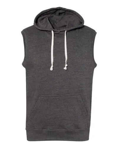 J. America 8877 Men's Triblend Sleeveless Hooded Sweatshirt in Black Triblend — blank hooded sweatshirt, front view