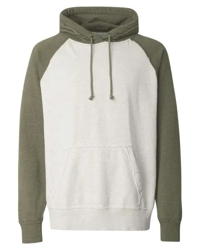 J. America 8885 Men's Vintage Heather Hooded Sweatshirt in Oatmeal Heather/ Army Heather — blank hooded sweatshirt, front view
