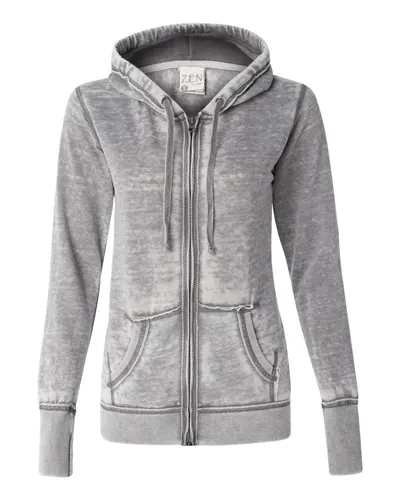 J. America 8913 Women's Zen Fleece Full-Zip Hooded Sweatshirt in Cement — blank hooded sweatshirt, front view