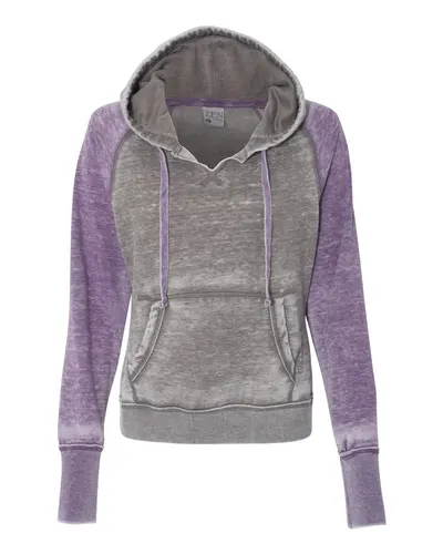 J. America 8926 Women's Zen Fleece Raglan Hooded Sweatshirt in Cement/ Very Berry — blank hooded sweatshirt, front view