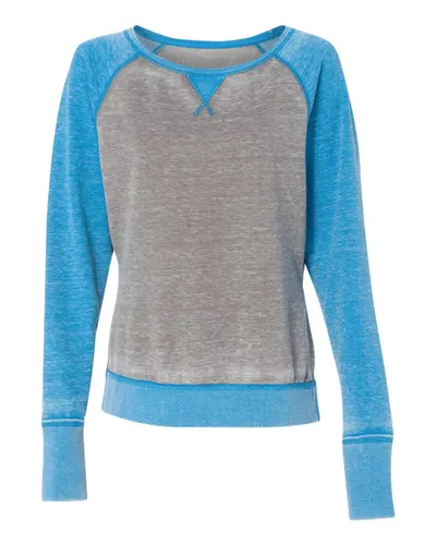 J. America 8927 Women’s Zen Fleece Raglan Sweatshirt in Cement/ Oceanberry — blank crewneck sweatshirt, front view
