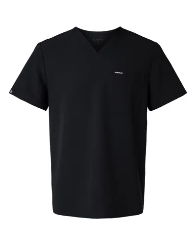Jaanuu M10001 Men's Holmes Everyday 1-Pocket Scrub V-Neck Top in Black — blank garment, front view