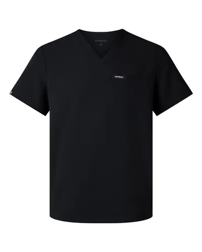 Jaanuu M10002 Men's Platt 3-Pocket Scrub V-Neck Top in Black — blank garment, front view