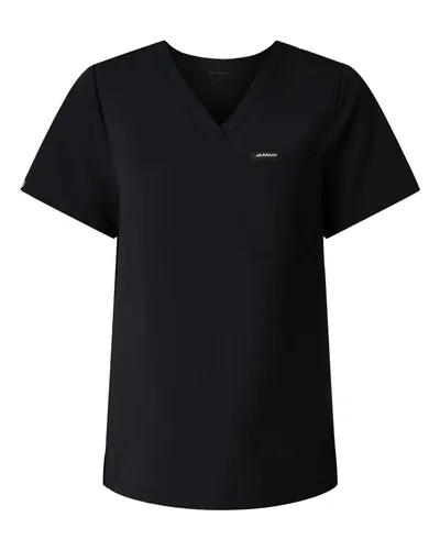 Jaanuu W10001 Women's Rhena Essential 1-Pocket Scrub V-Neck Top in Black — blank garment, front view
