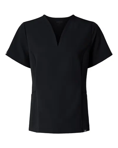 Jaanuu W10003 Women's Calix Fit & Flare Scrub V-Neck Top in Black — blank garment, front view