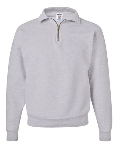 JERZEES 4528MR Unisex Super Sweats NuBlend® Quarter-Zip Cadet Collar Sweatshirt in Ash — blank crewneck sweatshirt, front view