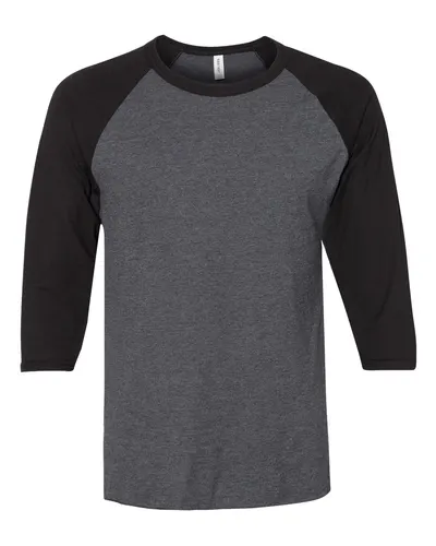 JERZEES 560RR Premium Blend Ringspun Three-Quarter Sleeve Raglan Baseball T-Shirt in Black Ink Heather/ Black Ink — blank t-shirt, front view