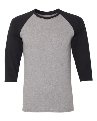 JERZEES 601RR Unisex Triblend Three-Quarter Raglan Baseball T-Shirt in Oxford/ Black — blank t-shirt, front view