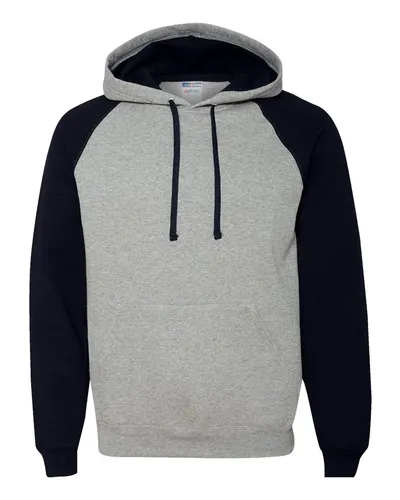 JERZEES 96CR Unisex Nublend® Colorblocked Raglan Hooded Sweatshirt in Oxford/ Black — blank hooded sweatshirt, front view