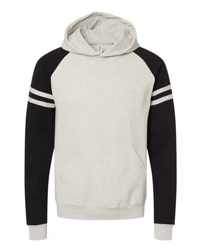 JERZEES 97CR Unisex Nublend® Varsity Colorblocked Raglan Hooded Sweatshirt in Oatmeal Heather/ Black Ink — blank hooded sweatshirt, front view