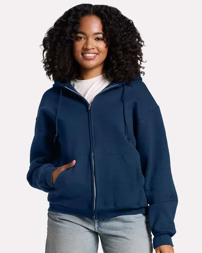 JERZEES Z12MR Unisex Rugged Full-Zip Hooded Sweatshirt in Washed Navy — blank hooded sweatshirt, front view